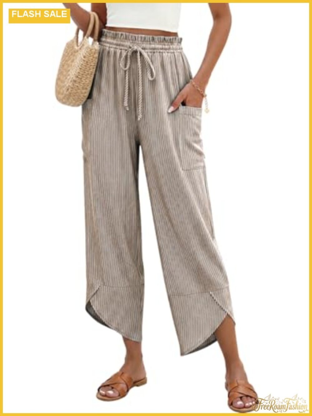Women's Linen Blend High Rise Striped Wide Leg Cropped Pants Drawstring Palazzo